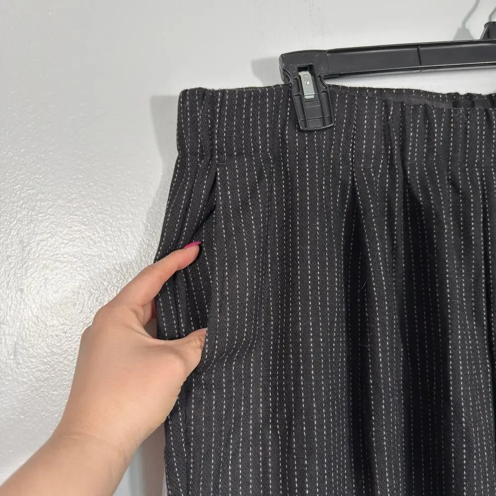 Eileen Fisher Wool Broken Stripe Flannel Pant XL Black Tapered Pull On Elastic